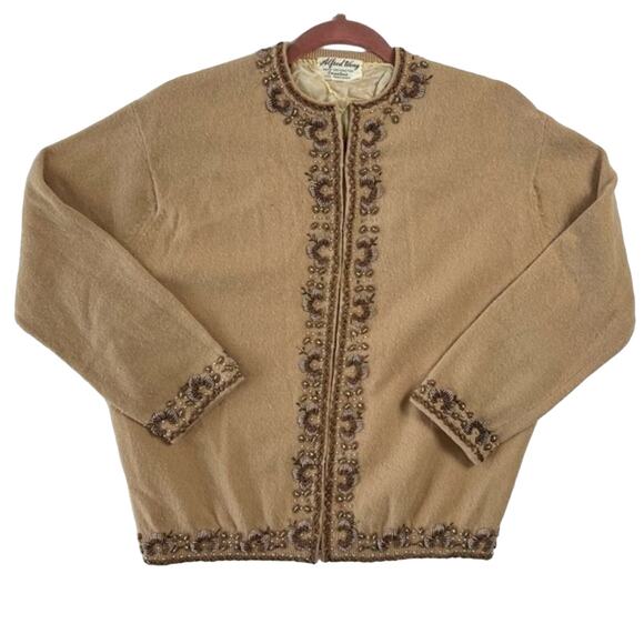 Alfred Wong Women’s Vintage Tan Hand Beaded Lined Cardigan S/M - Picture 1 of 10